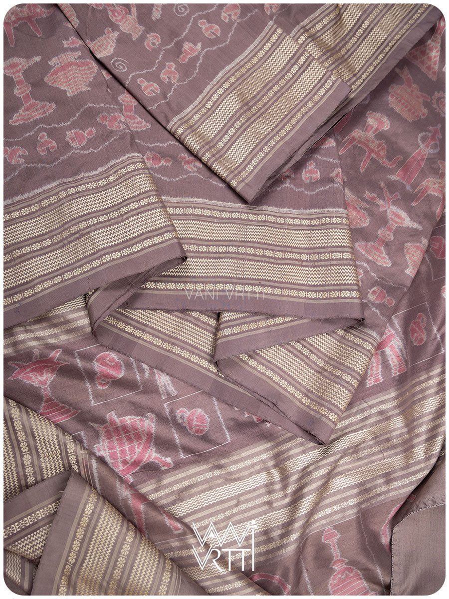 Dhokra Art Prakritik Lac & Tea Natural Dyed Mulberry Silk Ikat Saree