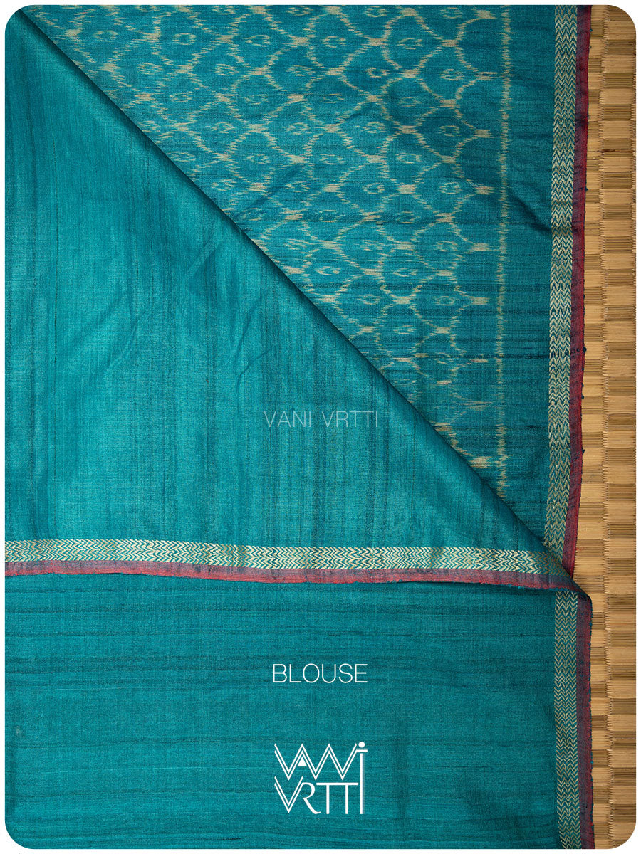 Firozi Sea Blue Samudra Lahar Ikat Handspun Tussar Silk Saree