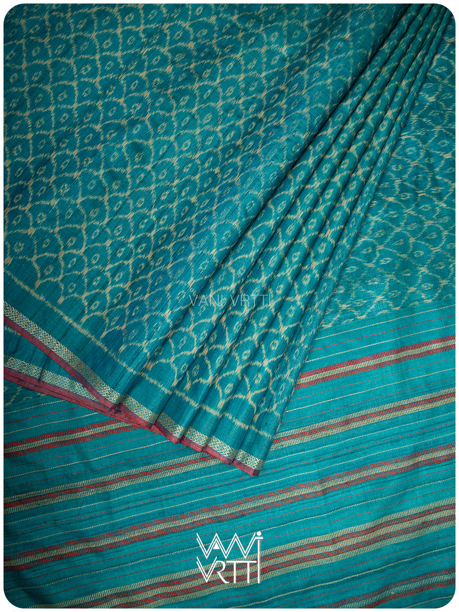 Firozi Sea Blue Samudra Lahar Ikat Handspun Tussar Silk Saree