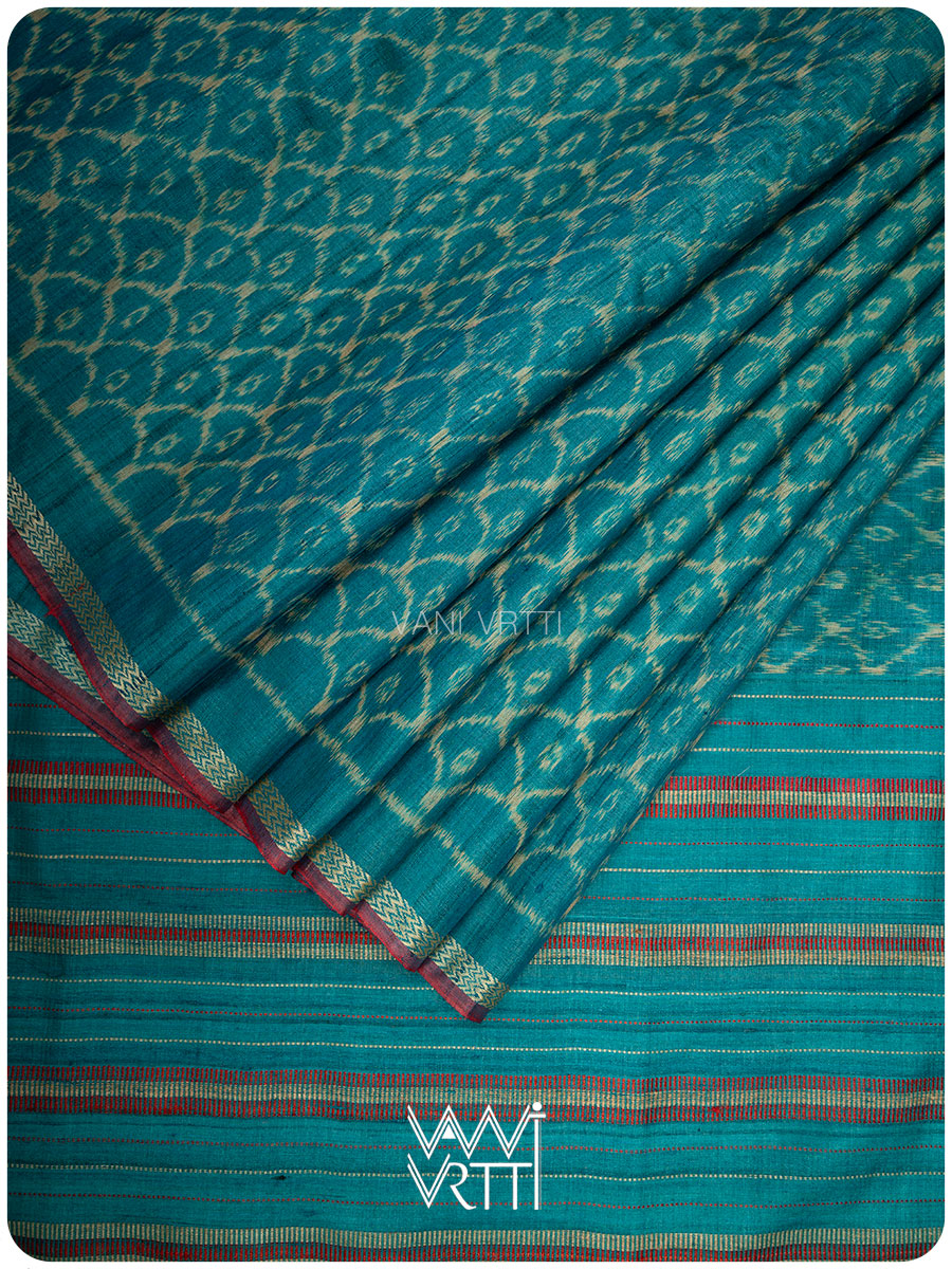 Firozi Sea Blue Samudra Lahar Ikat Handspun Tussar Silk Saree