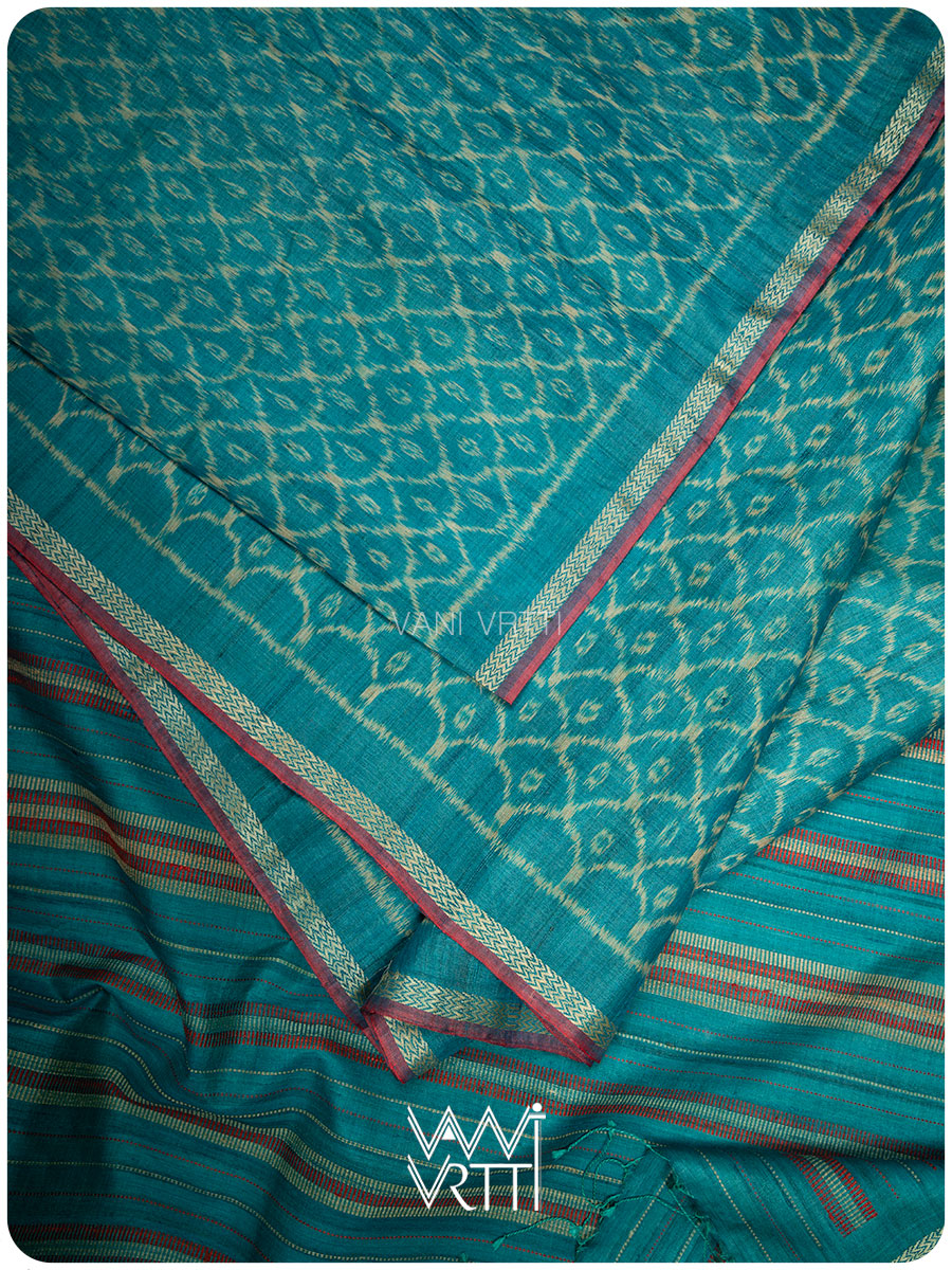 Firozi Sea Blue Samudra Lahar Ikat Handspun Tussar Silk Saree