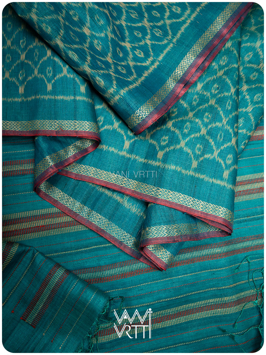 Firozi Sea Blue Samudra Lahar Ikat Handspun Tussar Silk Saree