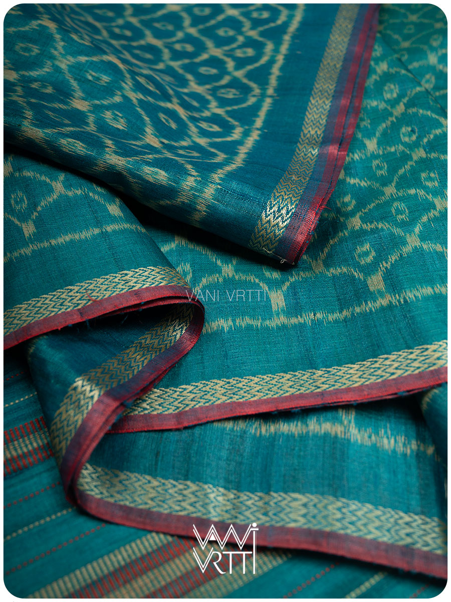 Firozi Sea Blue Samudra Lahar Ikat Handspun Tussar Silk Saree