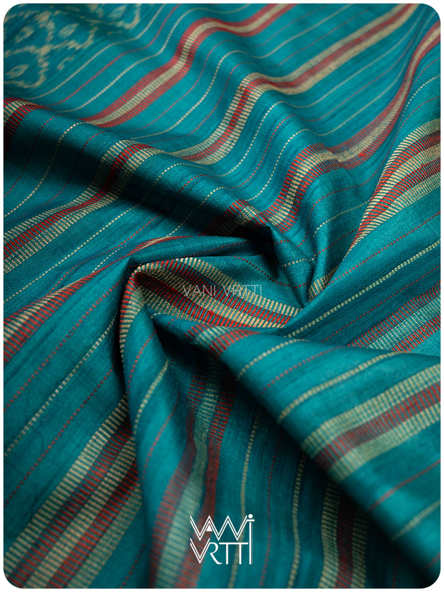 Firozi Sea Blue Samudra Lahar Ikat Handspun Tussar Silk Saree