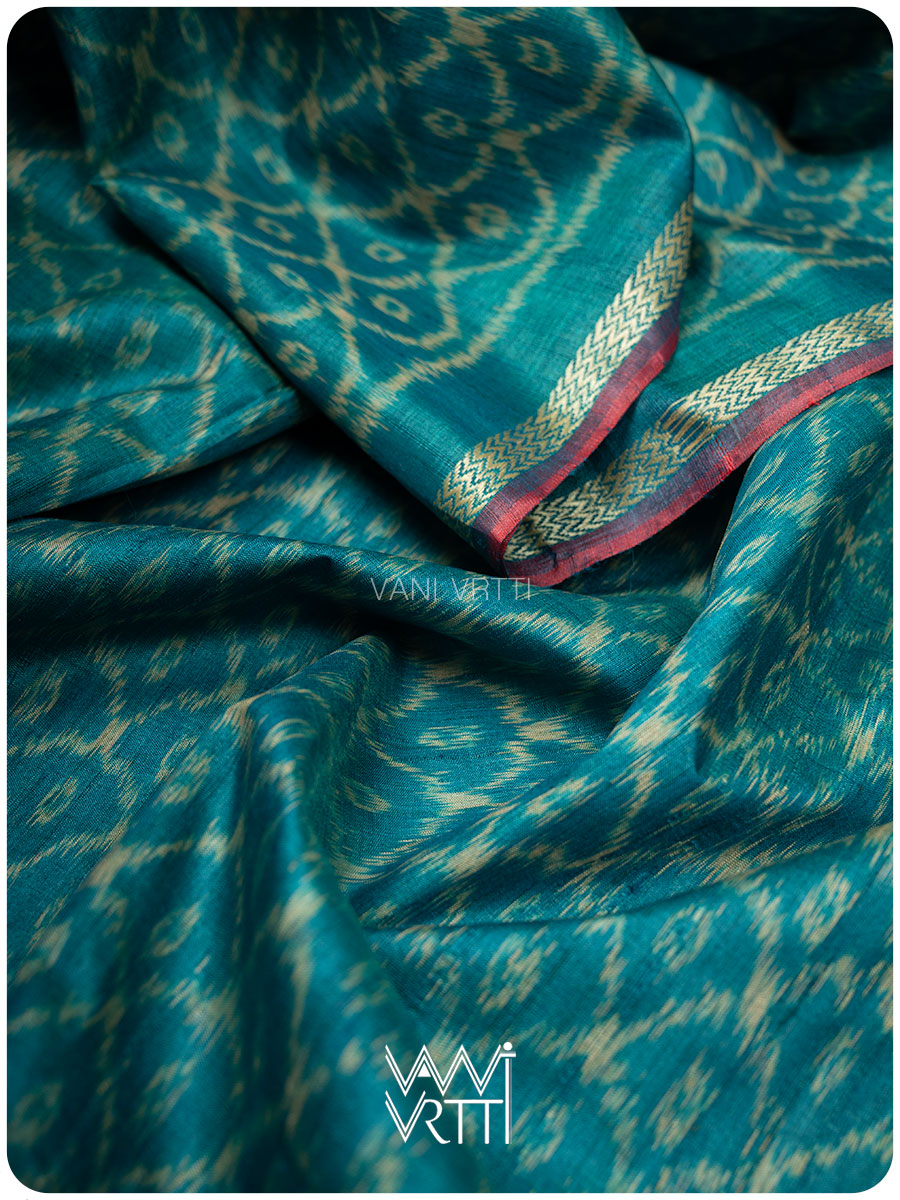 Firozi Sea Blue Samudra Lahar Ikat Handspun Tussar Silk Saree